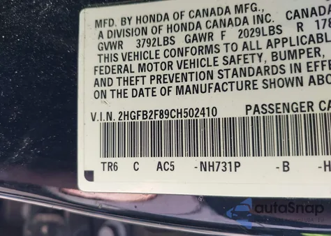 2012 Honda Civic Ex from USA, damaged, VIN 2HGFB2F89CH502410